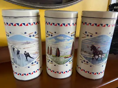 3 Vintage Van Der Meulen Holland Dutch Rusk Tins Box Storage Cans. These are 9" tall x 4" diameter,...