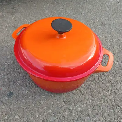 Cast Iron Enameled Lidded Cooking Pot Orange Twin Handled, View more