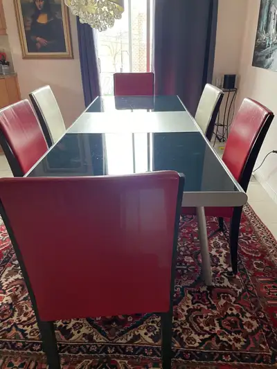 Italian made glass dining table with 4 leather chairs, View more
