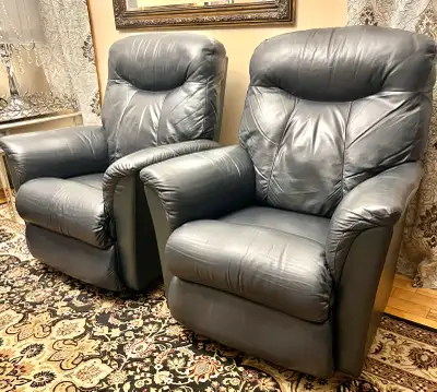 2 Dark Blue/Green whole grain leather swivel and Rocker Reclining chairs Sucha unique color brings c...