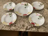 Decorative Porcelain Pasta Bowl and Four Small Serving Bowls
