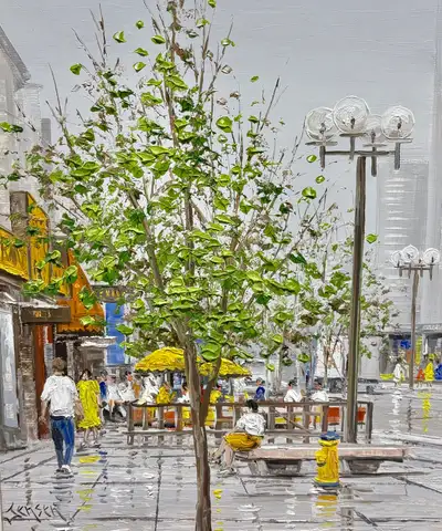 For sale is an original oil painting of an urban street scene. Painted by Canadian artist Ben Jensen...