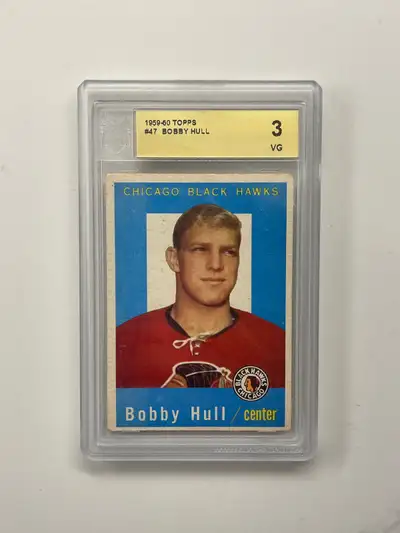 BOBBY HULL - 1959-1960 TOPPS # 47 - CHICAGO BLACK HAWKS - GRADE ACA 3 Looks nice, no creases !! To a...