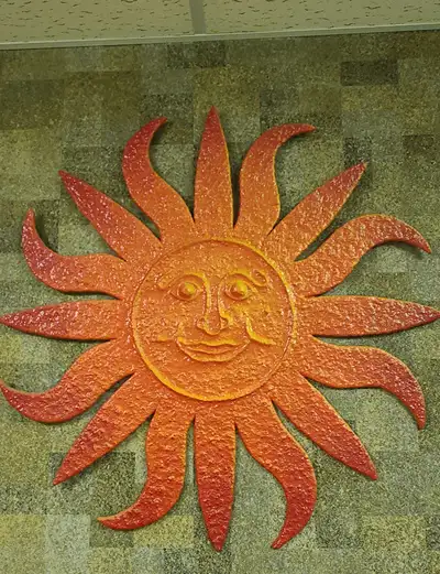 Paper mache and plywood "sun with face", View more