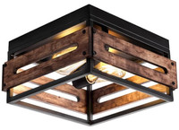 MAYNA Farmhouse Industrial Ceiling Fixture Metal & Wood Square