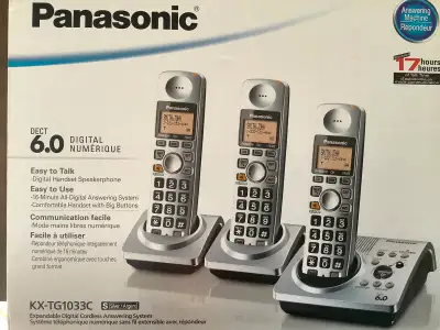 Panasonic telephone/answering machine, one set of three, easy to use, digital handset speakerphone....
