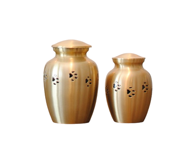 Golden Cremation Urn for small Pet Dog or Cat with black color paws engraved and painted on it. MATE...