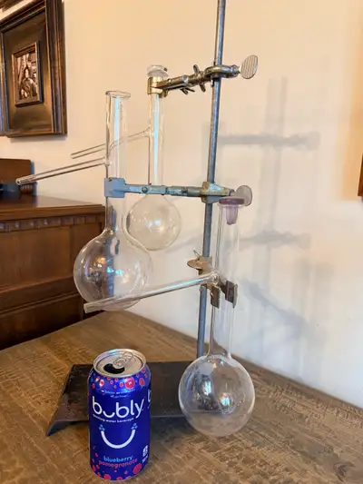 Vintage Laboratory Distillation Apparatus on Cast Iron Stand, View more