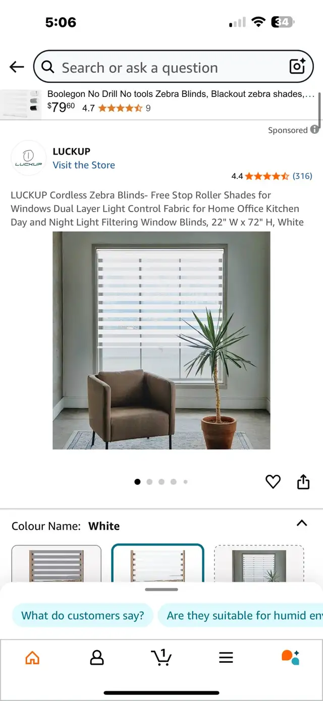 LUCKUP Cordless Zebra Blinds 22” x 72”63234527037569121