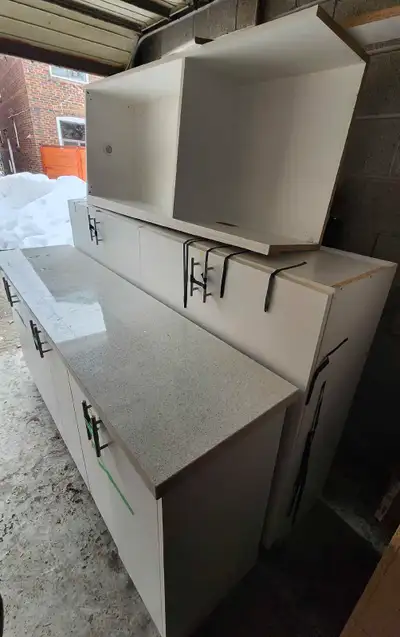 4 pieces Kitchen Cupboards and countertop with large cupboard., View more