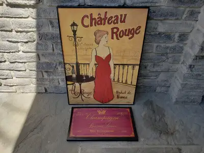 French wine label vintage advertisement reproductions. Large one is on wood board frame. Smaller one...