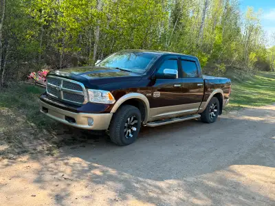 Full load 2013 Ram 1500 Laramie Longhorn, two-tone brown, 4x4, with toolboxes, bedslide, and tri-fol...