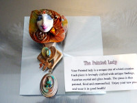 large FACE BROOCH Glass Metal ENAMEL hand created PAINTED LADY