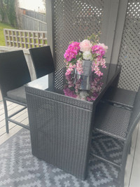 Patio Table Wicker Rattan Resin with 4 Chairs and Glass Top