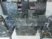 GLASS DINING ROOM TABLE WITH MARBLE BASE AND 4 MATCHING CHAIRS