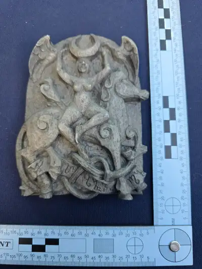 Relief carving in gray resin of Celtic Goddess Rhiannon plaque Perfect condition approximately 9 inc...