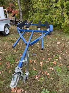 upright/bunks, std 8” tires, 2200lb axles, 3” x 2” welded steel tube construction, Adjustable axle,...