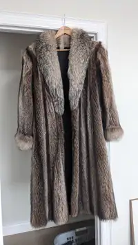 Lovely Long Vintage Raccoon Fur Coat with Fox Trim