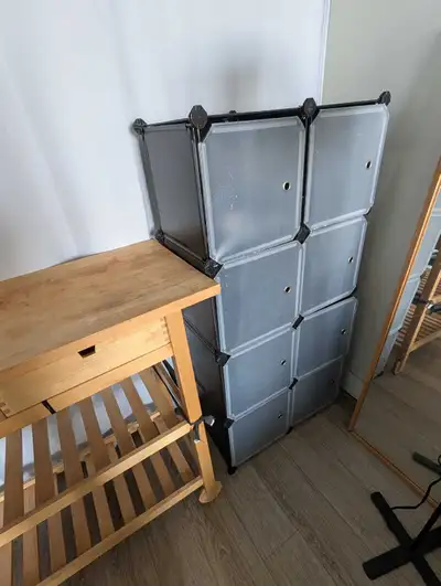 Plastic rack+ wooden kitchen table + plastic wardrob, View more