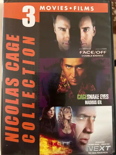 Nicolas Cage collection de 3 films 3 DVD bilingue : anglais et français. À vendre 10$ Shipping 5$. T...