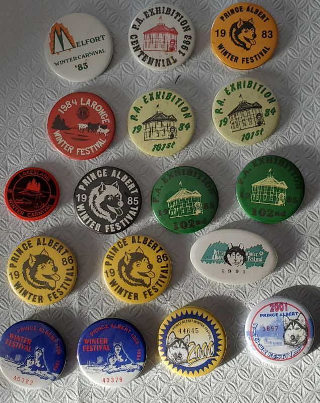 Vintage Winter Festival and PA Exhibition pin back buttons in Arts & Collectibles in Prince Albert