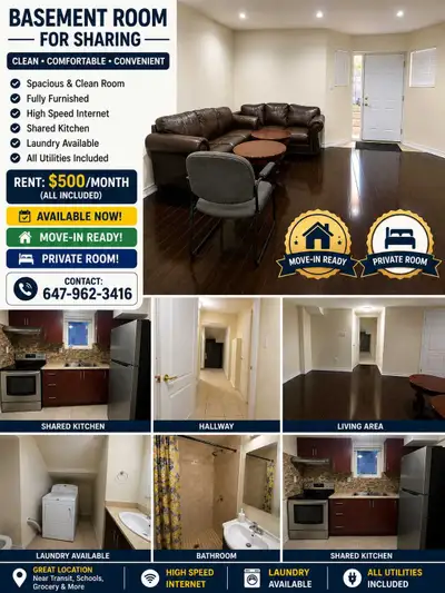 1-Bedroom Basement Room for Rent – Female Tenant A room is available for rent in a 1-bedroom basemen...