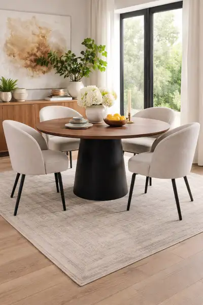 This is a used round dining table featuring a 46-inch walnut wood veneer tabletop and a black tulip-...
