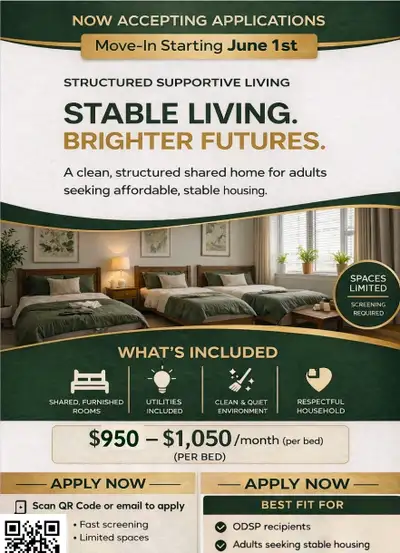Now accepting applications for shared housing in Oshawa. This is a structured, supportive living env...