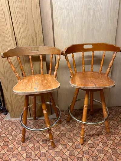 2 Wooden Swivel Bar Stools Solid chairs could use refinish 40" High Both for $50