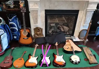8 GUITARS -ACOUSTIC ELECTRIC / UKELELES /  BANJOLIN / MANDOLIN, View more