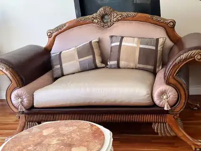 Elegant Vintage-Style Loveseat Sofa – Solid Wood & Carved Detail, View more