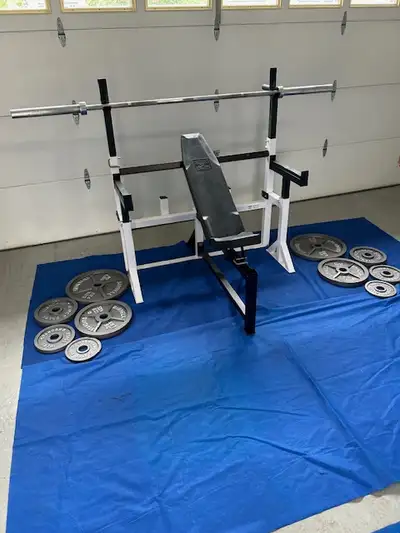 OLYMPIC WEIGHT SET AND BENCH PLUS CLINE BENCH, View more