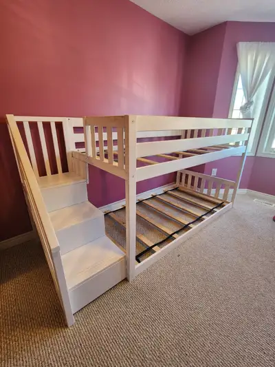 Max & Lily Solid Wood Twin Low Bunk Bed with Stairs - White, View more