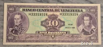 Billet de 10 Bolivars 1990 circulé. Bolivian banknote., View more