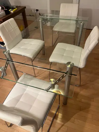 Extendable glass dining table with 4 chairs, View more