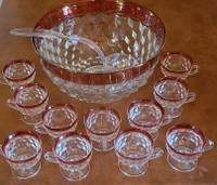 Beautiful vintage crystal punch bowl w/ cranberry rims
