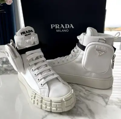 PRADA Re-Nylon Gabardine Logo Wheel High Top Sneakers – Size 37., View more