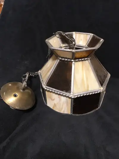Beautiful hanging lamp. Stained glass in beige, brown & orange shades. Chain, wiring and ceiling cov...
