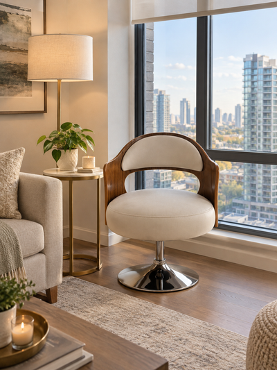 White Swivel Chair with Wooden Trim, View more