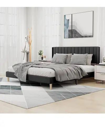 Brand new in box Upholstered Platform King Size Bed Frame with Headboard Wooden Slats Support No Noi...