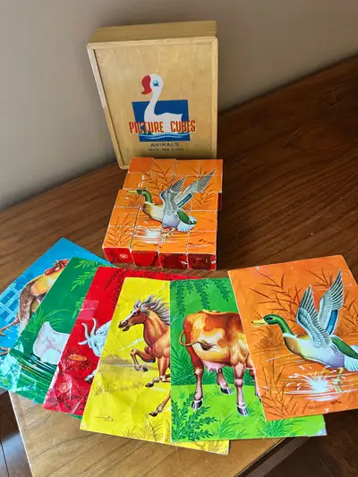 Vintage 1960/70s  6-sided wooden block Puzzle set in wooden box , View more