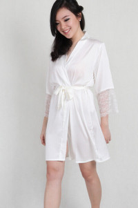 Off White Lace Sleeves Satin Bath Robe Bridal Housecoat M -New