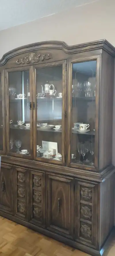 dining room, 6 chairs,beautiful fabric, hutch, extra leaf, sits, View more