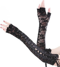 DreamHigh Womens Elbow Lenght Fingerless Lace Gloves - Black