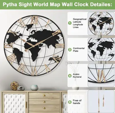 Pytha Sight 30-Inch Gold Roman World Map Wall Clock, View more