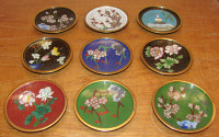 Set Of 9 Vintage Chinese Cloisonneware Copper Plates / Coasters