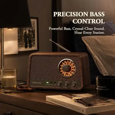 Vintage Wooden AM/FM Radio with Bluetooth & Aux Input, Bass Cont, View more