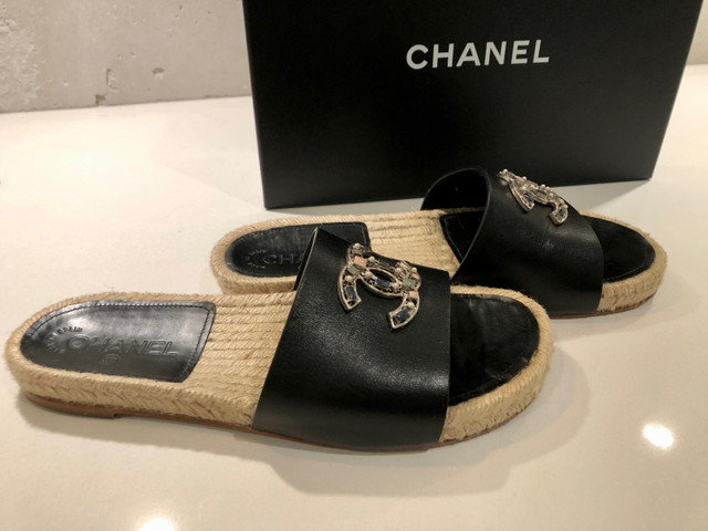 Authentic CHANEL Espadrilles Black Calkskin Sandals Slides in Women's - Shoes in Guelph - Image 4