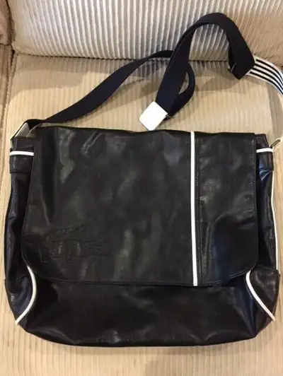 Black Leather White Striped Lacoste Messenger Bag, View more