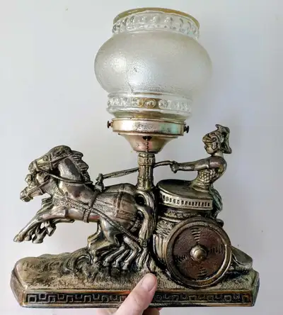 1930s cast iron Art Deco Gladiator Chariot Desk Lamp, View more